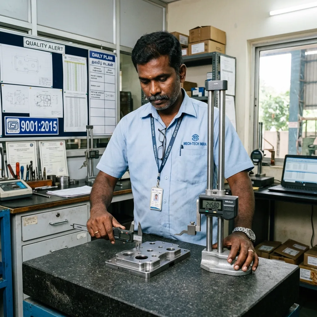 Industrial quality control engineer measuring automotive parts